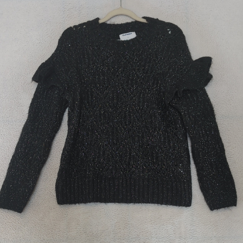 Old Navy Women's Black Ruffle Metallic Knit Sweater Size S